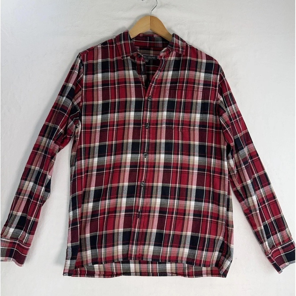 Slate & Stone Shirt Mens Small Red Plaid Flannel‎ Band Collar Long Sleeve Casual